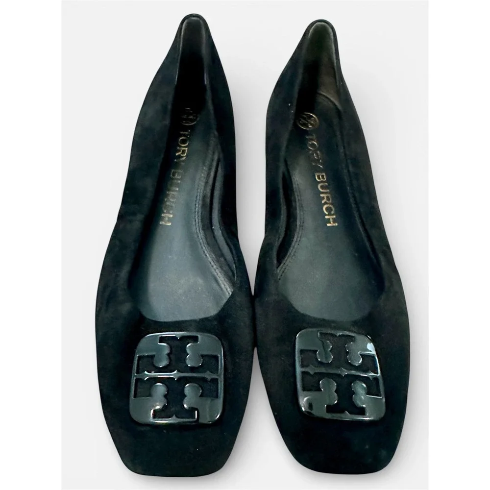 Tory Burch Suede Square Toe Flats Women 9M Black Good Patent Logo‎ Ballet Shoes